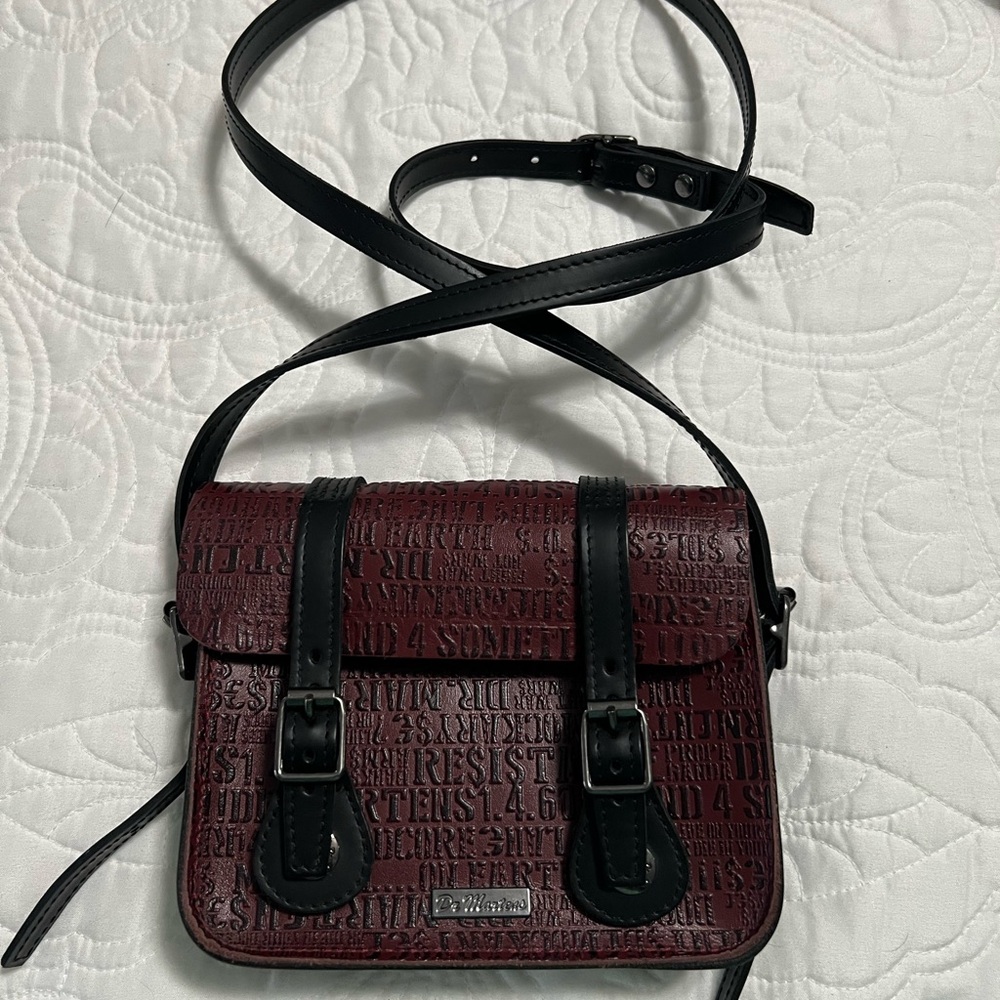Dr. Martens NEW Leather Black Oxblood Embossed Script Mini Satchel Crossbody Bag